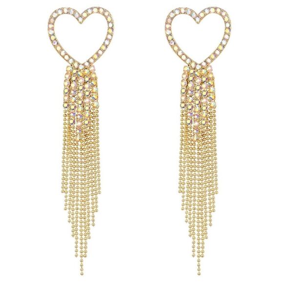Yellow Gold with Iridescent AB Crystal Heart Beaded Tassel Post Back Earrings - Picture 1 of 5